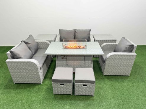 Fimous High Back Poly Rattan Garden Furniture Set with Reclining Chair Loveseat Sofa Firepit Dining Table Indoor Outdoor Patio Set 2 Stool 2 Side Table Light Grey