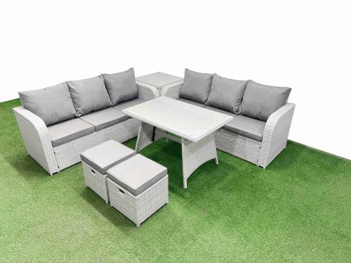 Fimous Patio Dining Table & Chairs Set Rattan High Back Lounge Sofa Set with 3 Seater Sofa Side Table 2 Small Stool Light Grey