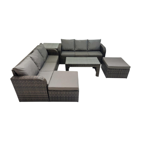 Fimous Rattan Garden Outdoor Furniture Set 3 Seater Sofa Coffee Table with 2 Big Footstools Side Table Dark Grey Mixed