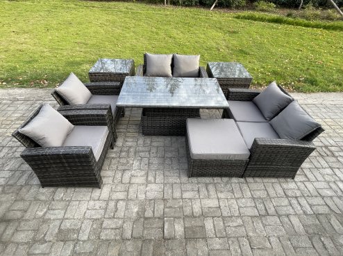 Fimous Rattan Garden Furniture Sets Patio Outdoor Rising Lifting Table Sofa Set with Double Seat Sofa 2 Side Tables Big Footstool Dark Grey Mixed