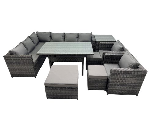 Fimous Outdoor PE Rattan Sofa Set with Dining Table Patio Garden Furniture Sets with 3 Stool Side Table Dark Grey Mixed