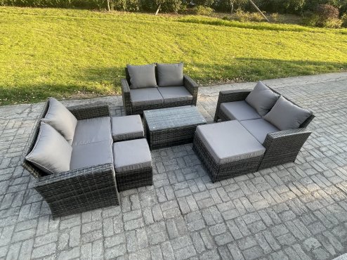 Fimous 7pc Rattan Sofa Garden Furniture Outdoor Patio Set with 3 Footstools Double Seat Sofa Dark Grey Mixed