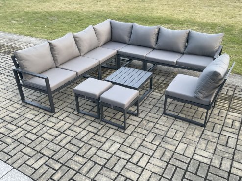 Fimous 10 Seater Patio Outdoor Garden Furniture Aluminium Lounge Corner Sofa Set with Square Coffee Table 2 Small Footstools Dark Grey