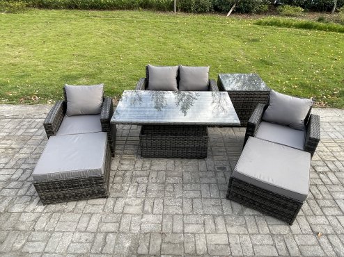 Fimous High Back Rattan Garden Furniture Sofa Sets with Height Adjustable Rising Lifting Table Side Table 2 Big Footstool Dark Grey Mixed