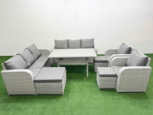 Fimous PE Rattan High Back Lounge Sofa Set Patio Rectangular Dining Table & Chairs Set with 3 Seater Sofa Reclining Chair 3 Stools Light Grey