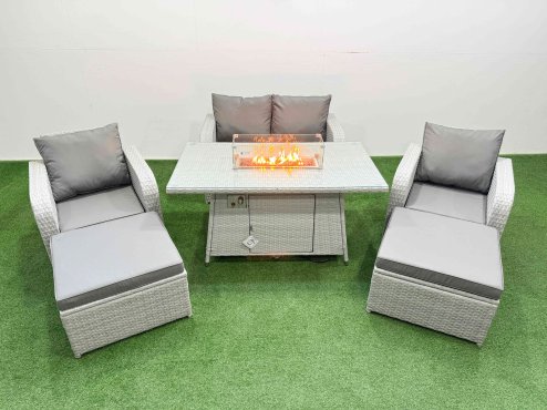 Fimous Light Grey PE Wicker Rattan Garden Furniture Set Sofa Set Reclining Chair Firepit Dining Table 6 Seater 2 Big Stools