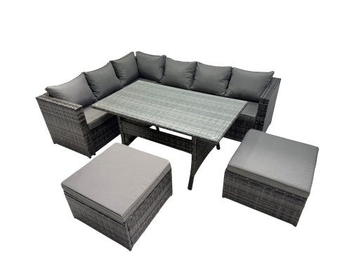 Fimous Outdoor PE Rattan Sofa Set with Dining Table Patio Garden Furniture Sets with 2 Big Stools Dark Grey Mixed
