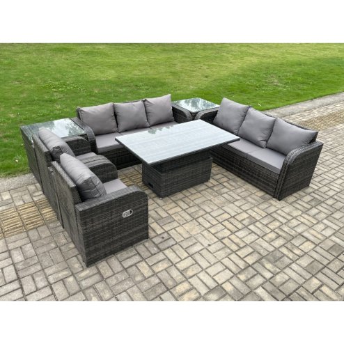 Fimous PE Rattan Outdoor Garden Furniture Sets Height Adjustable Rising lifting DiningTable Sofa Set with Reclining Chair 2 Side Tables Dark Grey Mixed