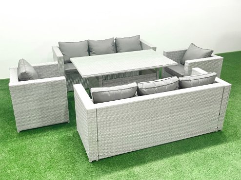 Fimous Rattan Garden Furniture Set Outdoor 8 Seater Patio Dinin g Sofa Sets with Dining Table 2 Chairs Light Grey Mixed