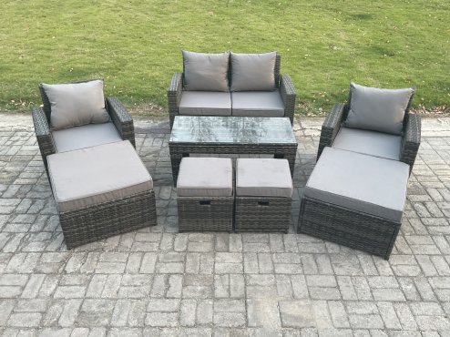 Fimous High Back Rattan Garden Furniture Sofa Sets with Rectangular Coffee Table Armchair 2 Big Footstool 2 Small Footstools Dark Grey Mixed