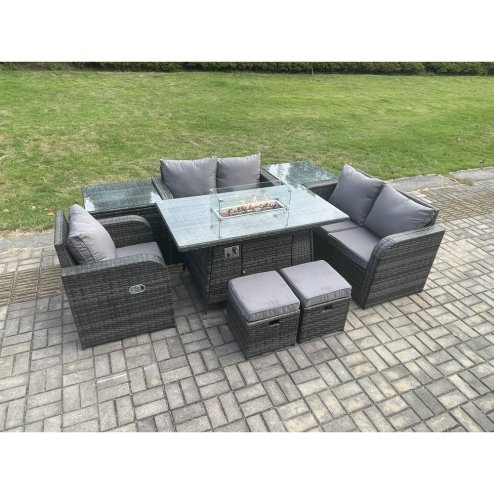 Fimous Outdoor Sofa Rattan Garden Furniture Set Patio Gas Fire Pit Dining Table and Reclining Chair set with 2 Side Tables 2 Small Footstools Dark Grey Mixed