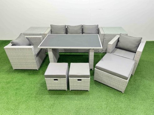 Fimous Patio Garden Furniture Sets with Black Glass Top Dining Table Armchair 3 Seater Sofa 2 Side Tables 3 Stool Light Grey