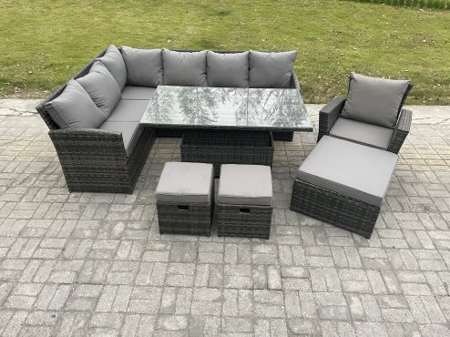 Fimous Outdoor Garden Furniture Set Wicker PE Rattan Height Adjustable Rising Lifting Table Sofa Dining Set with 3 Footstools Armchair Dark Grey Mixed