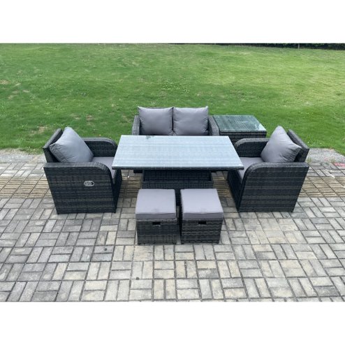 Fimous Outdoor Rattan Garden Furniture Set Height Adjustable Rising lifting Dining Table Love Sofa Chair With Side Table Stools