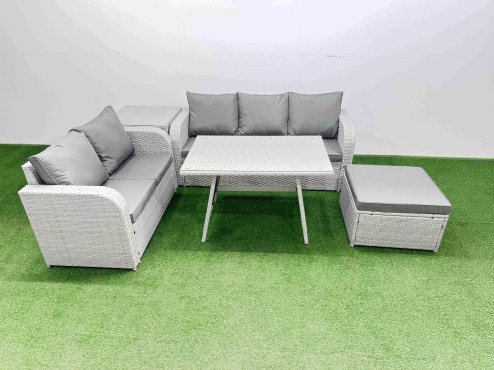Fimous Outdoor PE Rattan Garden Furniture Set Rectangular Dining Table Sofa Set with Big Stool Side Table Light Grey
