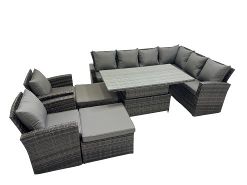 Fimous 10 Seat Rattan Garden Furniture Corner Sofa Set Outdoor Adjustable Lifting Dining or Coffee Table Set with 2 Big Footstools Dark Grey Mixed