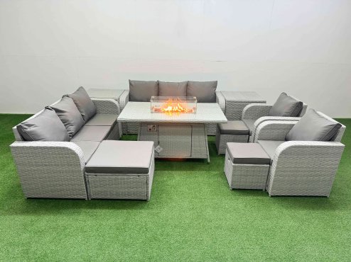 Fimous PE Rattan High Back Lounge Sofa Set Patio Firepit Dining Table & Chairs Set with 3 Seater Sofa Reclining Chair 3 Stools 2 Side Table Light Grey
