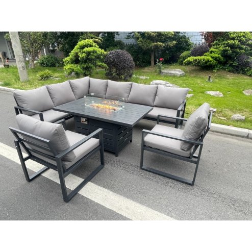 Fimous Aluminum Outdoor Garden Furniture Set Corner Sofa 2 PC Chairs Gas Fire Pit Dining Table Set Gas Heater Burner Dark Grey 8 Seater