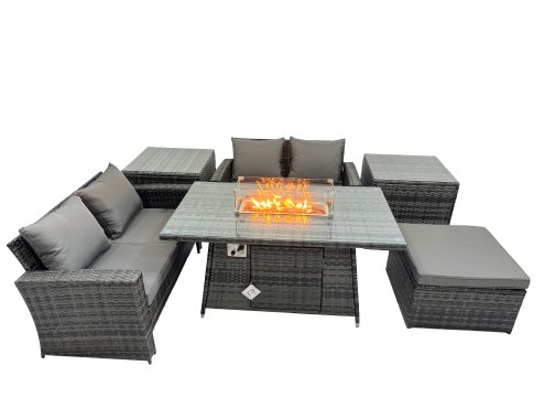 Fimous Outdoor Love Sofa Set 5 Seat Rattan Garden Furniture Set with Gas Firpit Dining Table Big Footstool 2 Side Table Dark Grey Mixed