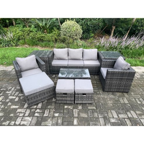 Fimous 8 Seater Rattan Garden Furniture Set Outdoor Patio Sofa Set with 2 Armchairs 2 Side Tables Oblong Table 3 Footstools Dark Grey Mixed