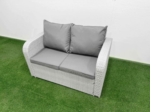 Fimous Light Grey PE Wicker Rattan Garden Furniture Set Sofa Set Reclining Adjustable Chair Rectangular Coffee Table 7 Seater 3 Stools 2 Side Table