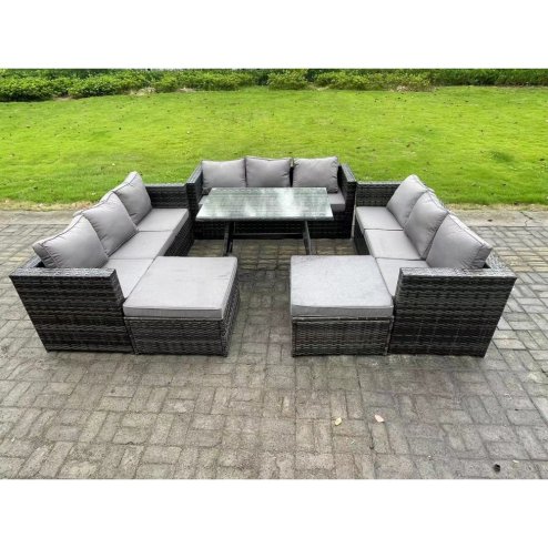 Fimous 11 Seater Wicker PE Rattan Outdoor Furniture Lounge Sofa Garden Dining Set with Dining Table 2 Big Footstools Dark Grey Mixed
