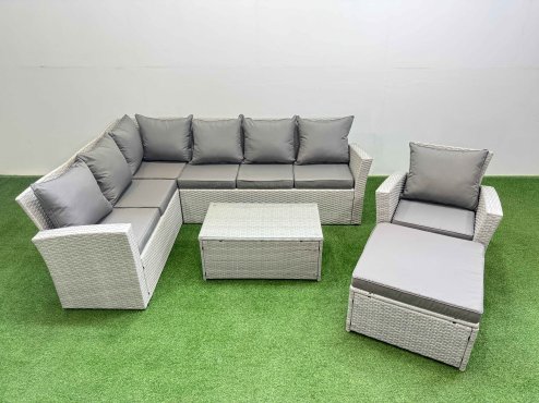 Fimous 8 Seater Garden Outdoor PE Rattan Furniture Set Rattan Garden Sofa Set with Big Footstool Light Grey Mixed