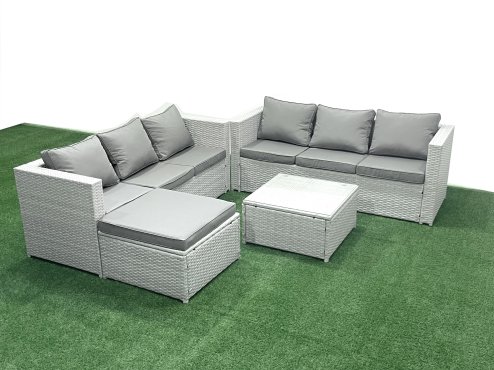 Fimous Rattan Garden Outdoor Furniture Set 7 Seater Rattan Garden Sofa Set with Big Footstool Light Grey Mixed