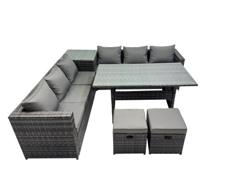 Fimous 8 Seater Outdoor Corner Sofa Dining Table Set Garden Rattan Furniture Set with Side Table 2 Small Stools Dark Grey