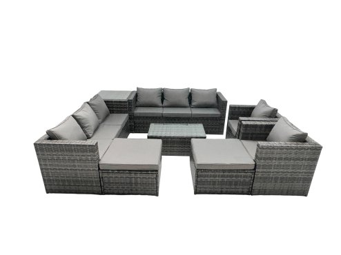 Fimous Rattan Garden Furniture Dining Set 10-seater Patio Coffee Table Sofa Set with 2 Big Stools Side Table Dark Grey Mixed