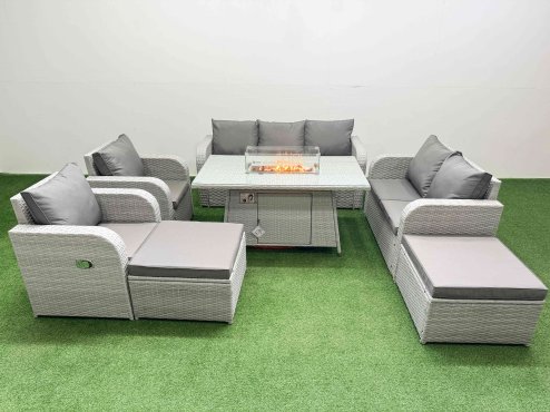 Fimous PE Rattan Garden Furniture Set Reclining Chair Sofa Double Love Seat 2 Seater Sofa Lounge Set Firepit Dining Table 2 Big Footstool Light Grey