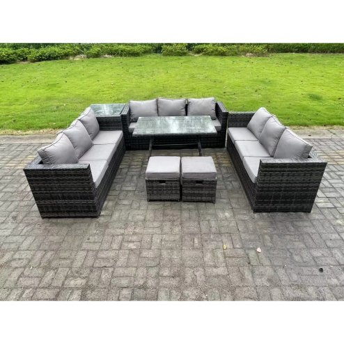 Fimous Rattan Outdoor Furniture Lounge Sofa Garden Dining Set with Dining Table Side Table 2 Small Footstools 11 Seater Dark Grey Mixed