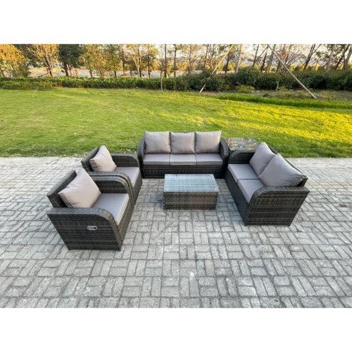 Fimous 7 Seater Rattan Wicker Garden Furniture Patio Conservatory Sofa Set with Rectangular Coffee Table 3 Seater Sofa Love Sofa Side Table
