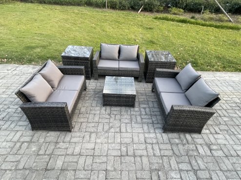 Fimous 6 PCS Outdoor Lounge Sofa Set Wicker PE Rattan Garden Furniture Set with Square Coffee Table Double Seat Sofa 2 Side Tables Dark Grey Mixed