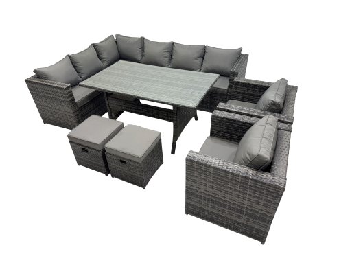Fimous Outdoor PE Rattan Sofa Set with Dining Table Patio Garden Furniture Sets with 2 Chairs 2 Small Stools Dark Grey Mixed
