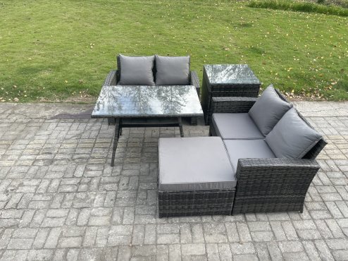 Fimous Garden Furniture Sets 5 Pieces Wicker Rattan Furniture Manual Wicker Patio Sofa Patio Conversation Set with Side Table Big Footstool Dark Grey Mixed