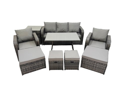Fimous Garden Rattan Outdoor Furniture Set 9 Seater with 3 Seater Sofa Side Table 2 Big Stool 2 Small Stools Dark Grey
