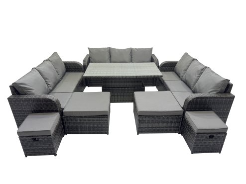 Fimous Rattan Garden Furniture Dining Set 13-seater Patio Height Adjustable Rising Lifting Table Sofa Set with 4 Footstools Dark Grey Mixed