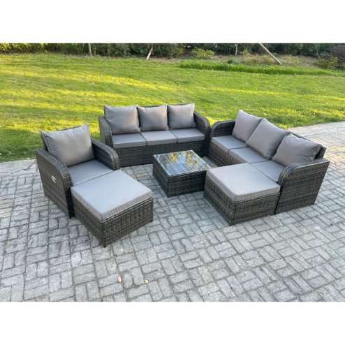 Fimous 9 Seater Outdoor Rattan Garden Furniture Set Conservatory Patio Sofa Coffee Table With 2 Big Footstool Dark Grey Mixed