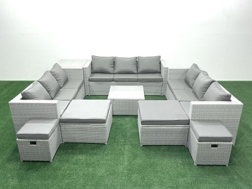 Fimous Garden Outdoor Furniture Set 14 Seater Rattan Sofa Set with Side Table 4 Footstools Light Grey Mixed