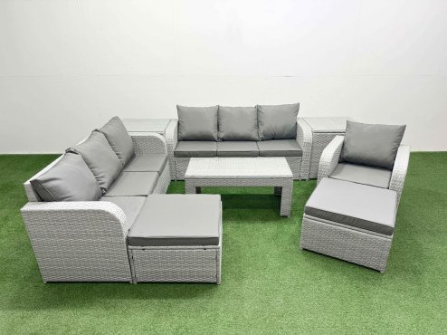 Fimous 9 Seater Poly Rattan Outdoor Garden Furniture Oblong Coffee Table Sofa Set Patio 3 Seater Sofa Reclining Chair 3 Seater Sofa 2 Big Footstools 2 Side Table Light Grey