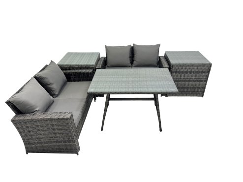 Fimous 4 Seater Wicker PE Rattan Furniture Outdoor Dining Table Double Seat Sofa 2 Side Table Set Dark Grey Mixed