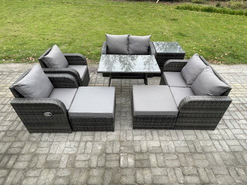 Fimous 8 Seater Wicker PE Rattan Garden Dining Set Outdoor Furniture Sofa with Rectangular Dining Table Side Table 2 Big Footstool Dark Grey Mixed