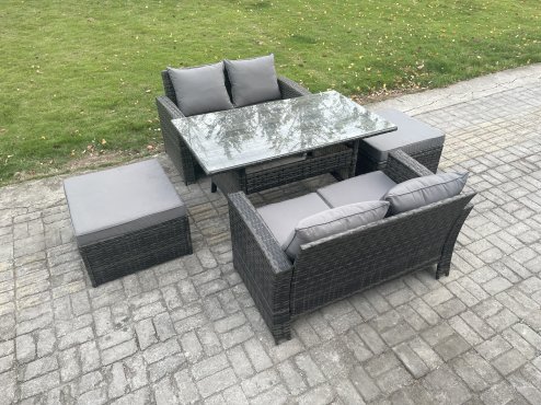 Fimous 6 Seater PE Wicker Rattan Garden Furniture Set Love Sofa Outdoor Rectangular Dining Table 2 Big Footstool Dark Grey Mixed