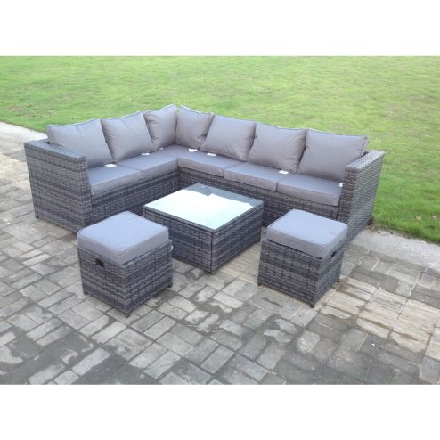 Fimous 8 Seater Rattan Corner Sofa Set With Square Coffee Table Footstools