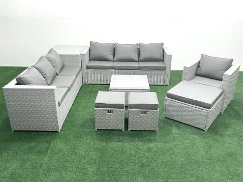 Fimous Wicker PE Rattan Sofa Garden Furniture Set with Armchair Square Coffee Table 3 Footstools Side Table Light Grey Mixed