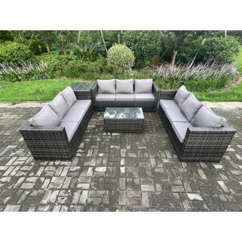 Fimous 9 Seater Outdoor Lounge Sofa Set Wicker PE Rattan Garden Furniture Set with Oblong Coffee Table Side Table Dark Grey Mixed