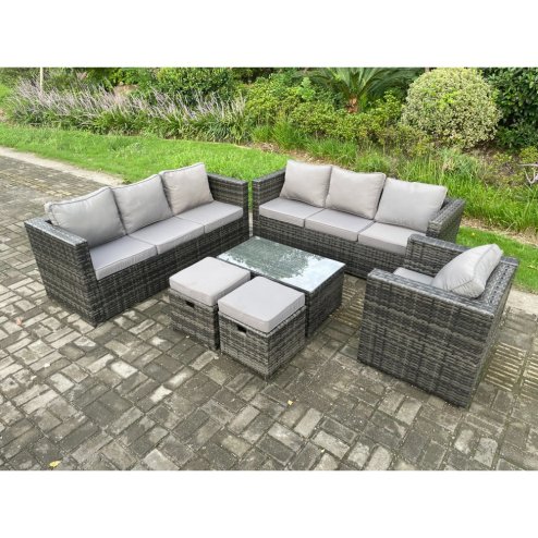 Fimous Wicker PE Rattan Sofa Set Outdoor Patio Garden Furniture with Armchair Oblong Coffee Table 2 Small Footstools Dark Grey Mixed