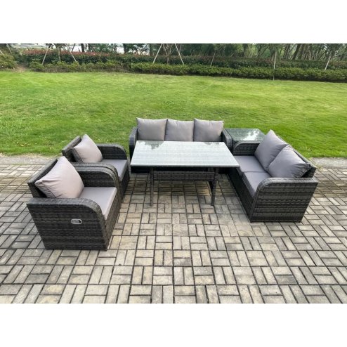 Fimous Dark Grey PE Wicker Rattan Garden Furniture Set Reclining Chair Love Sofa 2 Seater Sofa Set Outdoor Rectangular Dining Table Side Table 7 Seater