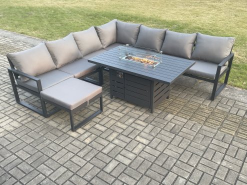 Fimous Aluminium 7 Pieces Garden Furniture Corner Sofa Set with Cushions Gas Fire Pit Dining Table Set Gas Heater Burner with Big Footstool Dark Grey